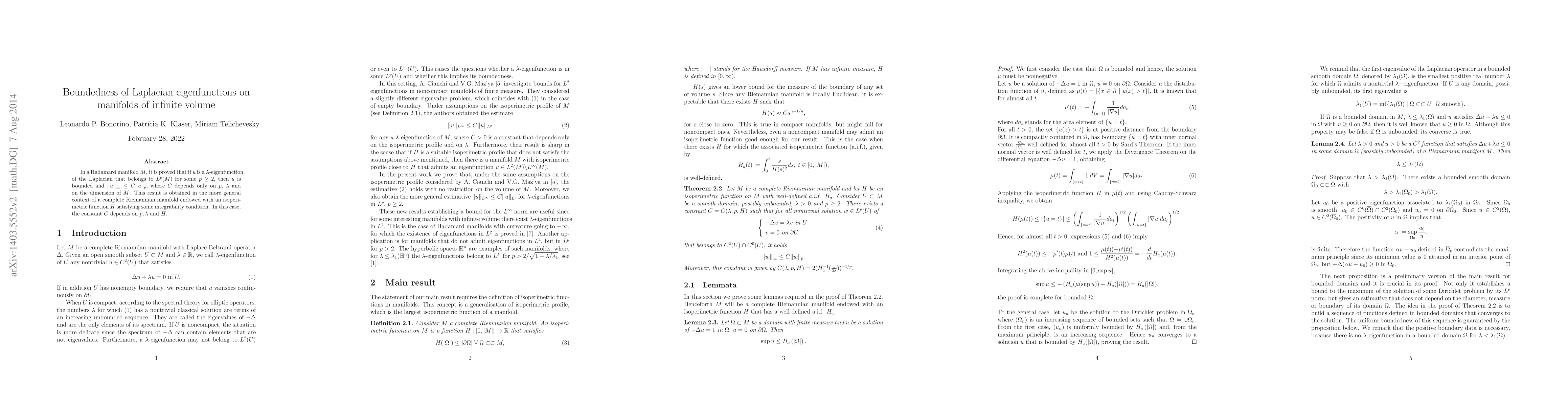 Thumbnail for Boundedness of Laplacian eigenfunctions on manifolds of infinite volume