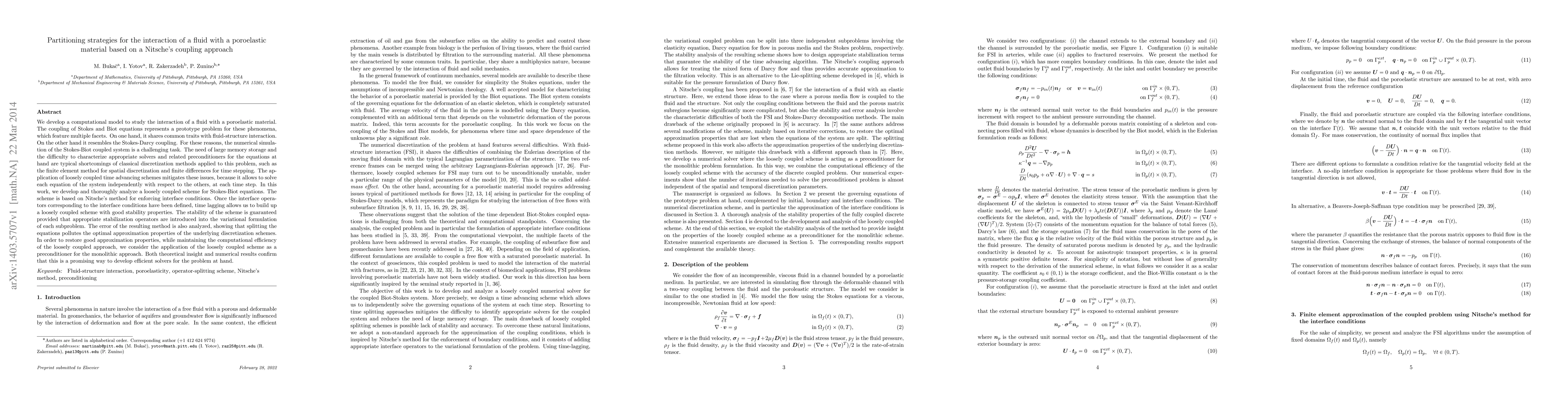 Thumbnail for Partitioning strategies for the interaction of a fluid with a
  poroelastic material based on a Nitsche's coupling approach