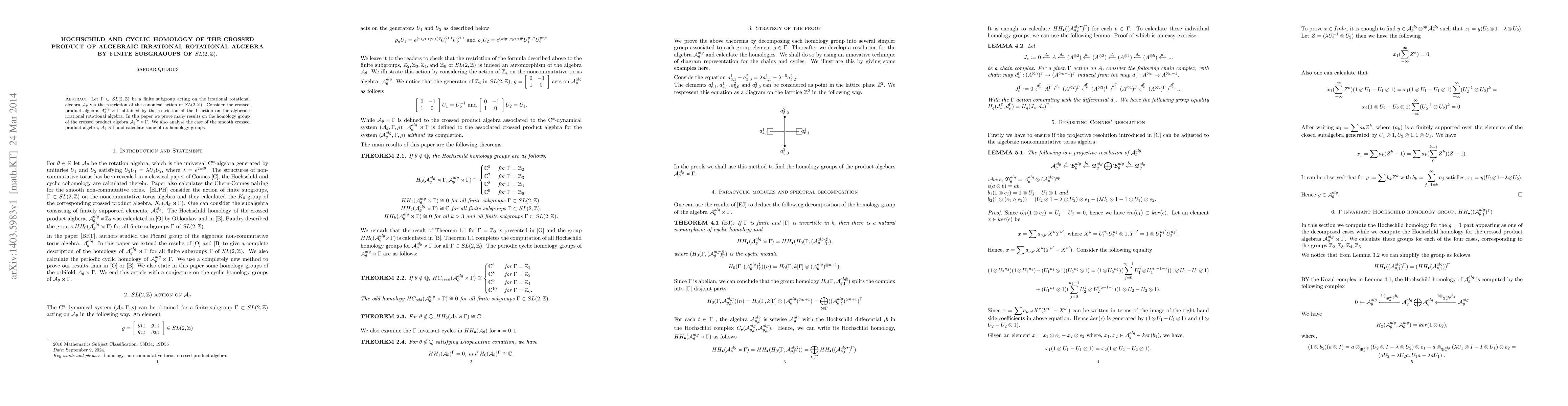 Thumbnail for Hochschild and cyclic homology of the crossed product of algebraic
  irrational rotational algebra by finite subgraoups of $SL(2,\mathbb Z)$