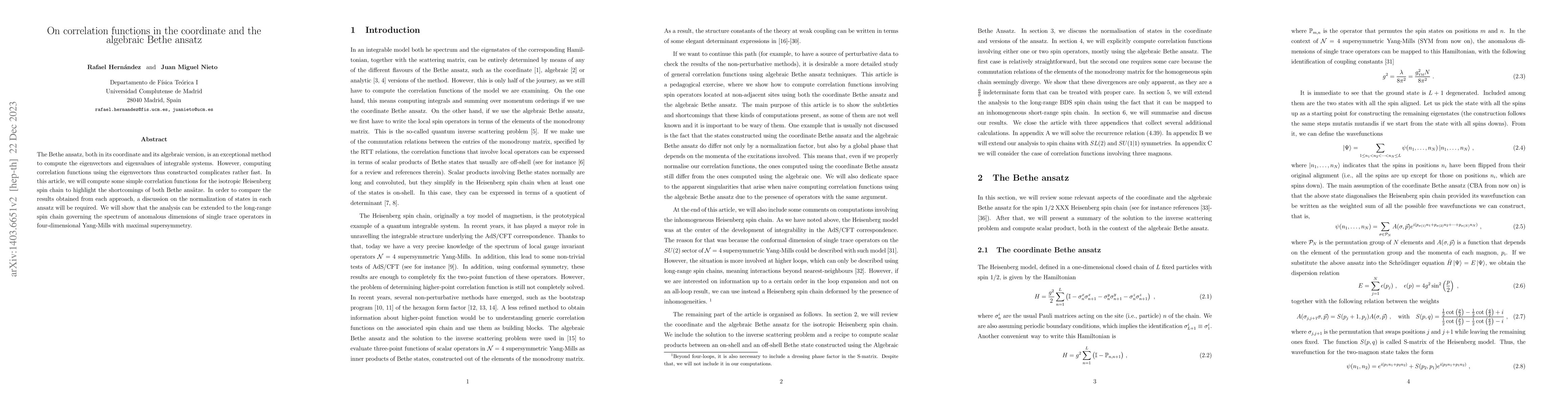 Thumbnail for On correlation functions in the coordinate and the algebraic Bethe
  ansatz