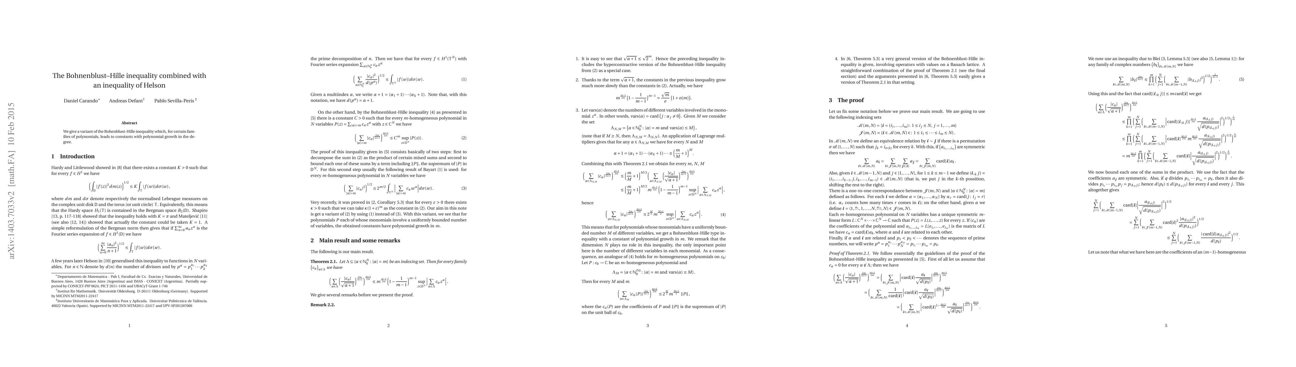 Thumbnail for The Bohnenblust--Hille inequality combined with an inequality of Helson