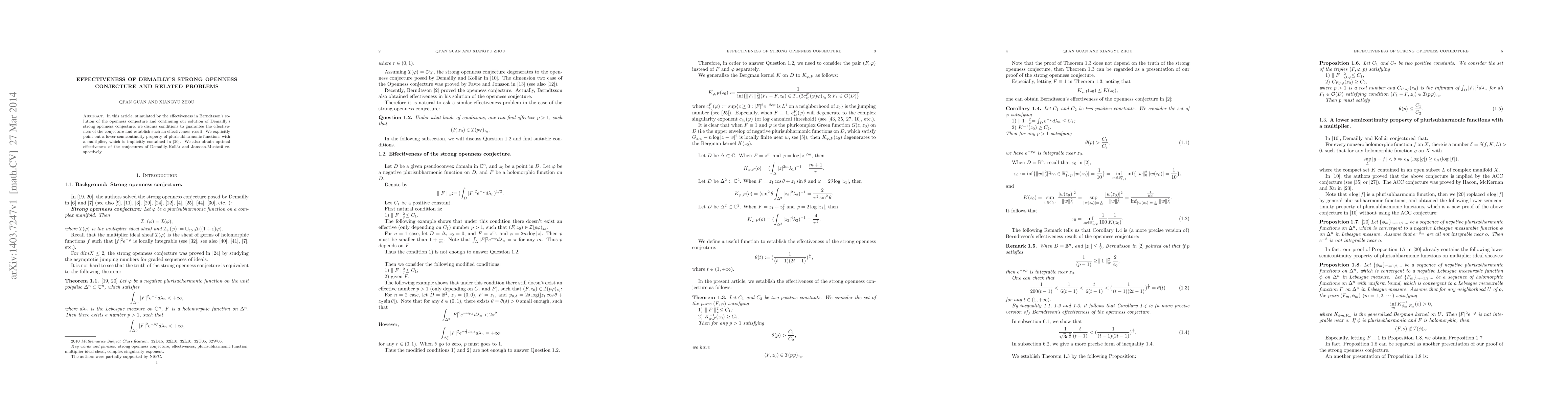 Thumbnail for Effectiveness of Demailly's strong openness conjecture and related
  problems
