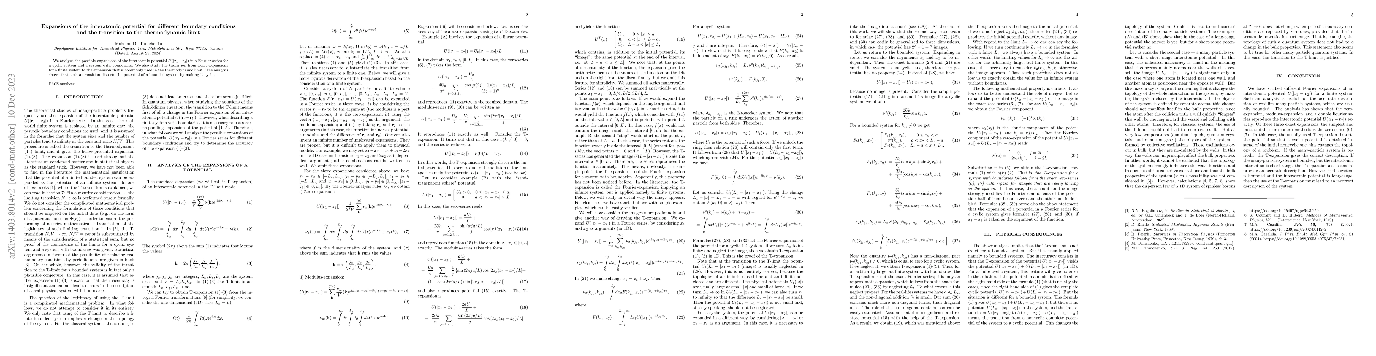 Thumbnail for Expansions of the interatomic potential for different boundary
  conditions and the transition to the thermodynamic limit