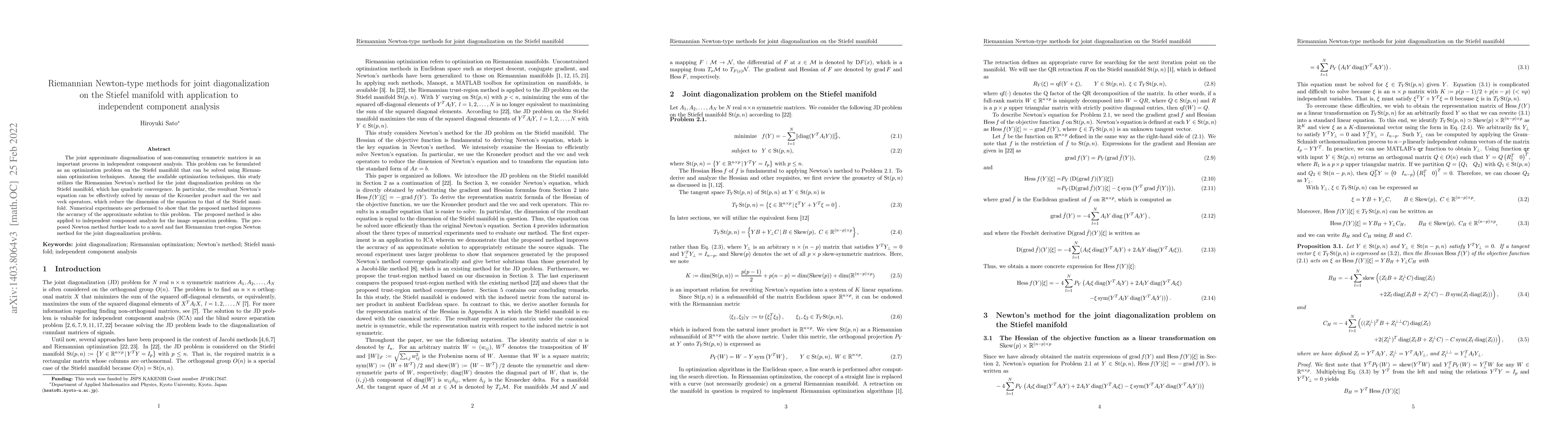 Thumbnail for Riemannian Newton-type methods for joint diagonalization on the Stiefel
  manifold with application to independent component analysis
