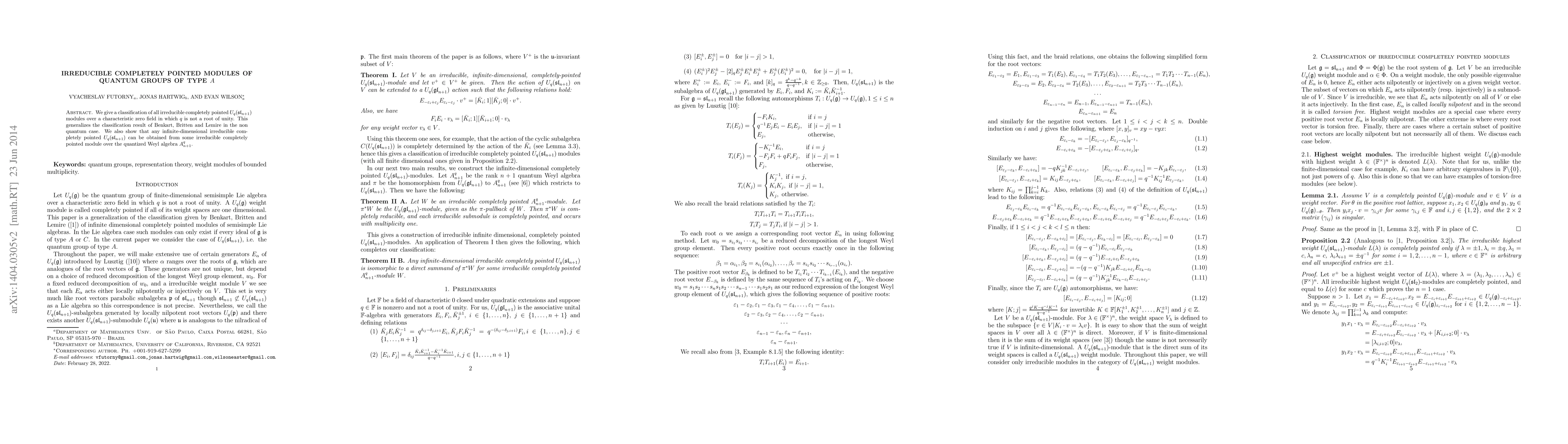 Thumbnail for Irreducible completely pointed modules of quantum groups of type $A$