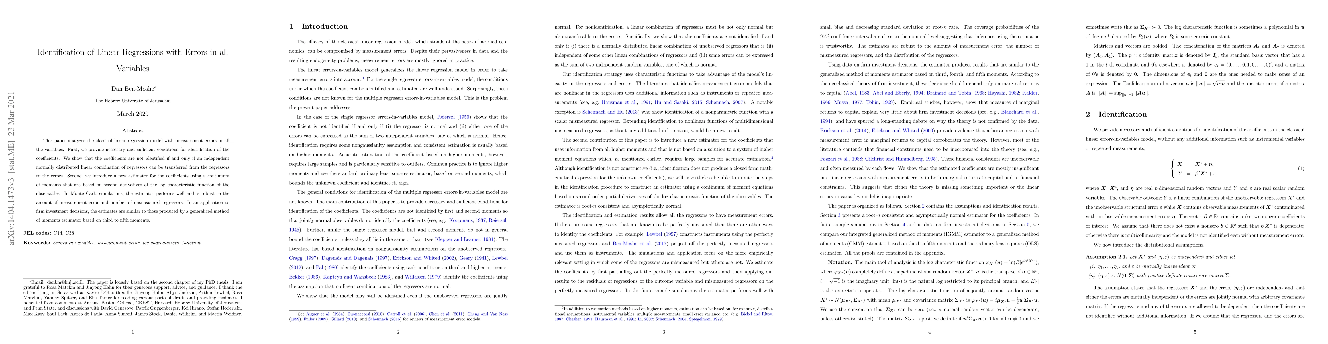 Thumbnail for Identification of Linear Regressions with Errors in all Variables