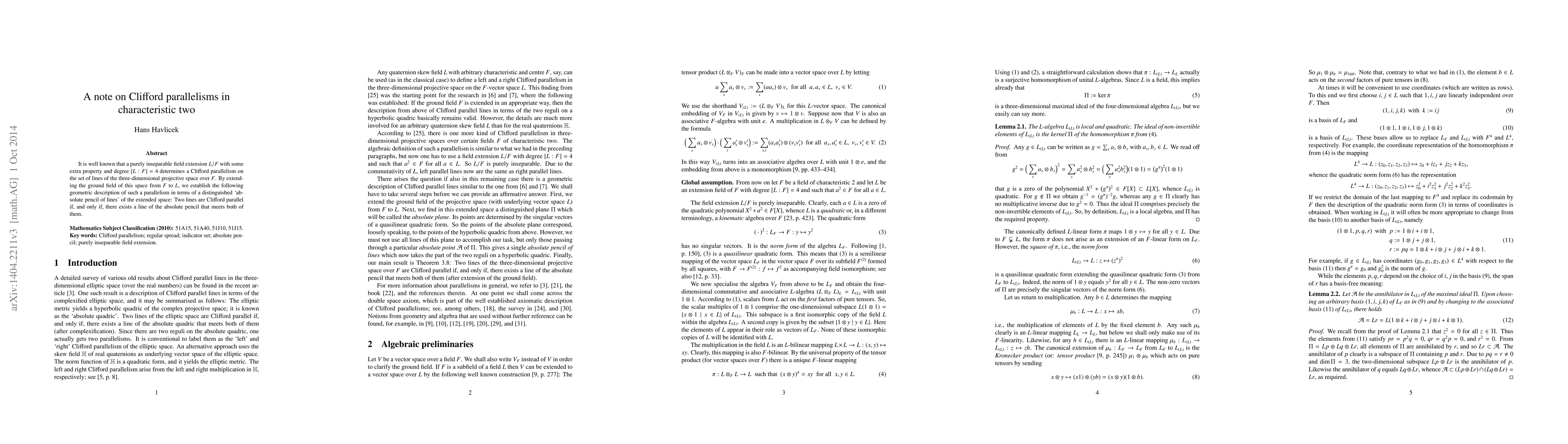Thumbnail for A note on Clifford parallelisms in characteristic two