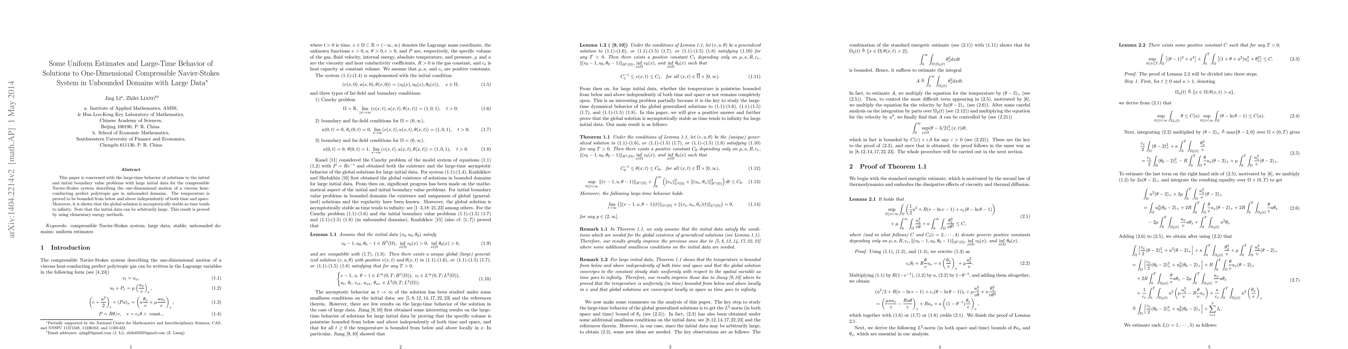 Thumbnail for Some Uniform Estimates and Large-Time Behavior for One-Dimensional
  Compressible Navier-Stokes System in Unbounded Domains with Large Data
