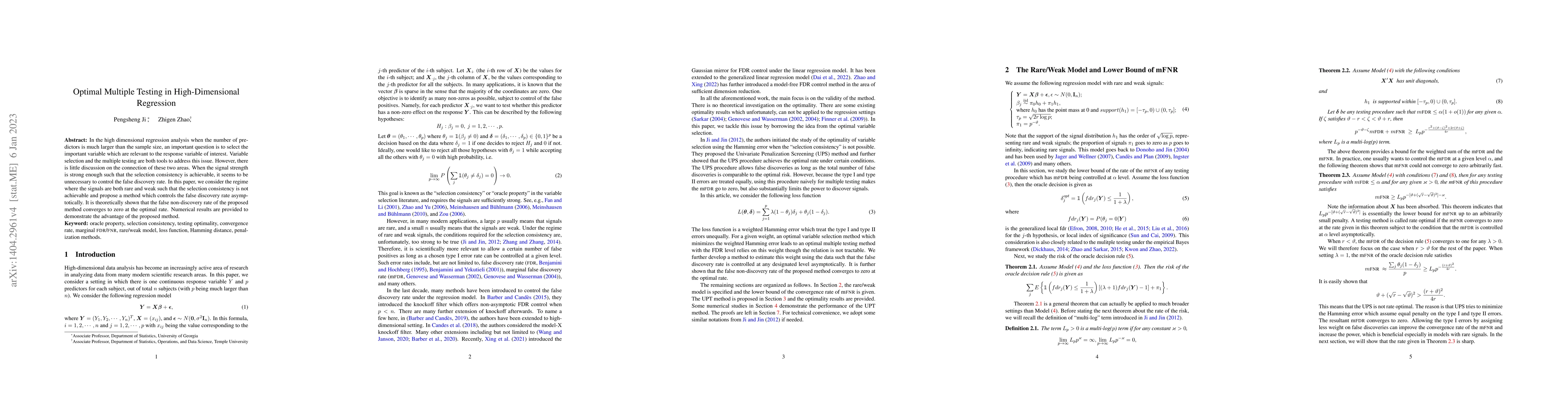 Thumbnail for Rate optimal multiple testing procedure in high-dimensional regression