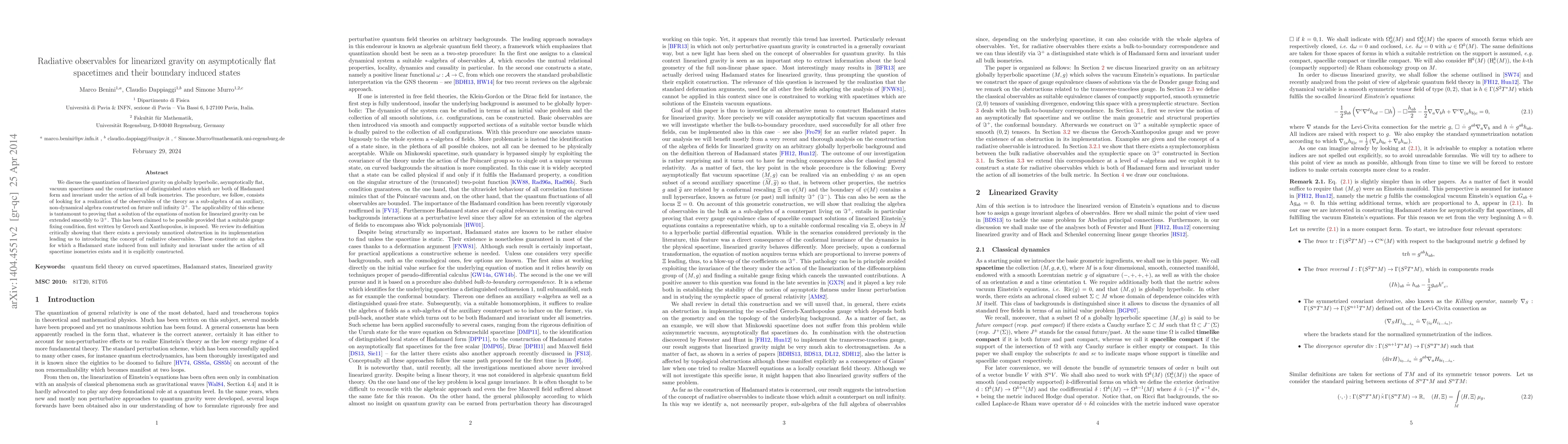 Thumbnail for Radiative observables for linearized gravity on asymptotically flat
  spacetimes and their boundary induced states