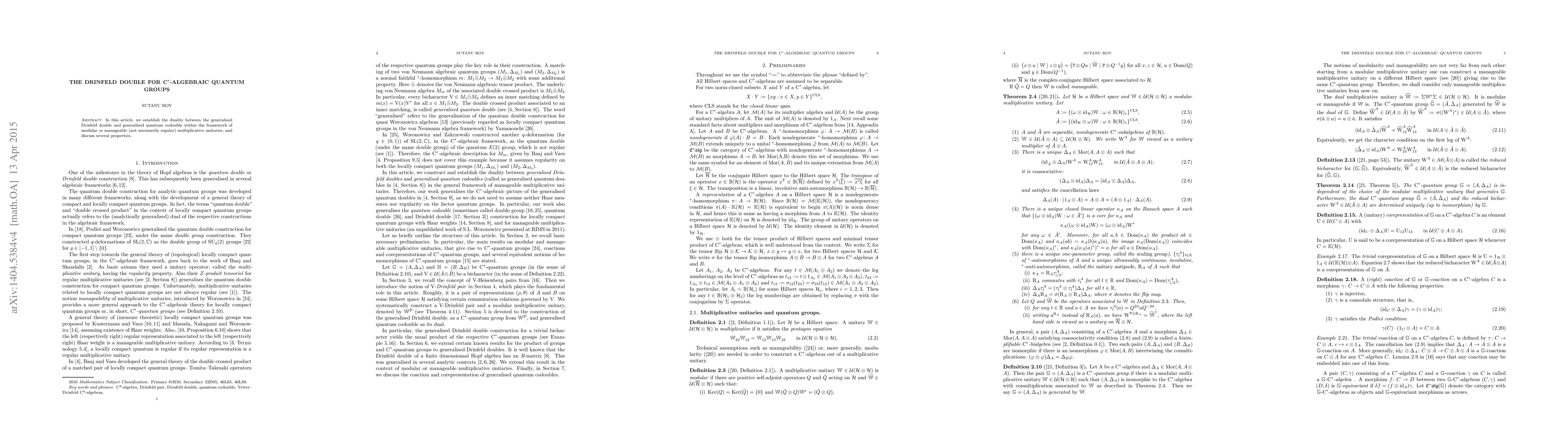 Thumbnail for The Drinfeld double for C*-algebraic quantum groups