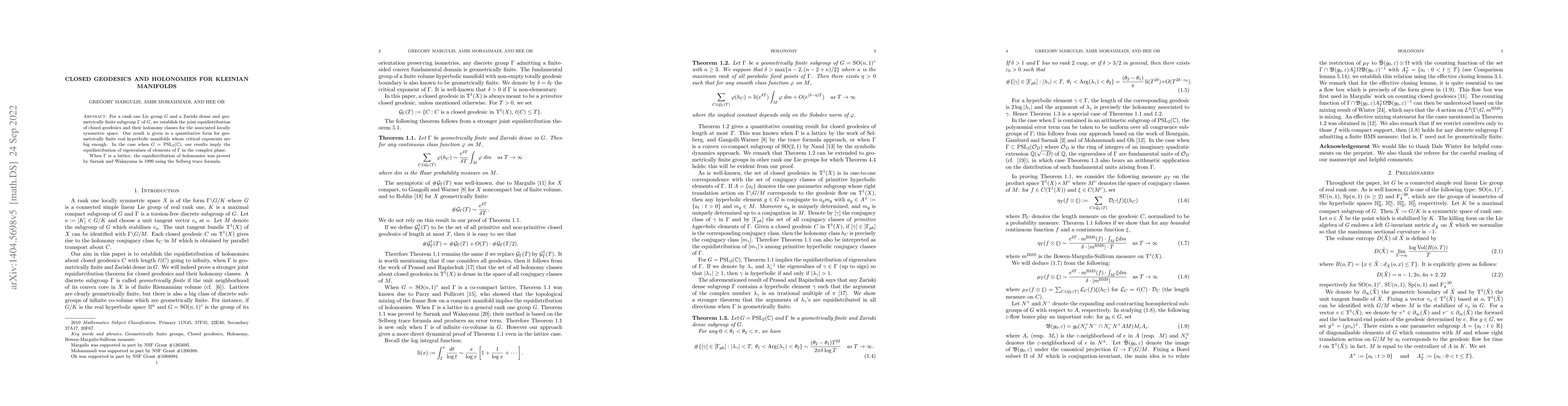 Thumbnail for Closed geodesics and holonomies for Kleinian manifolds