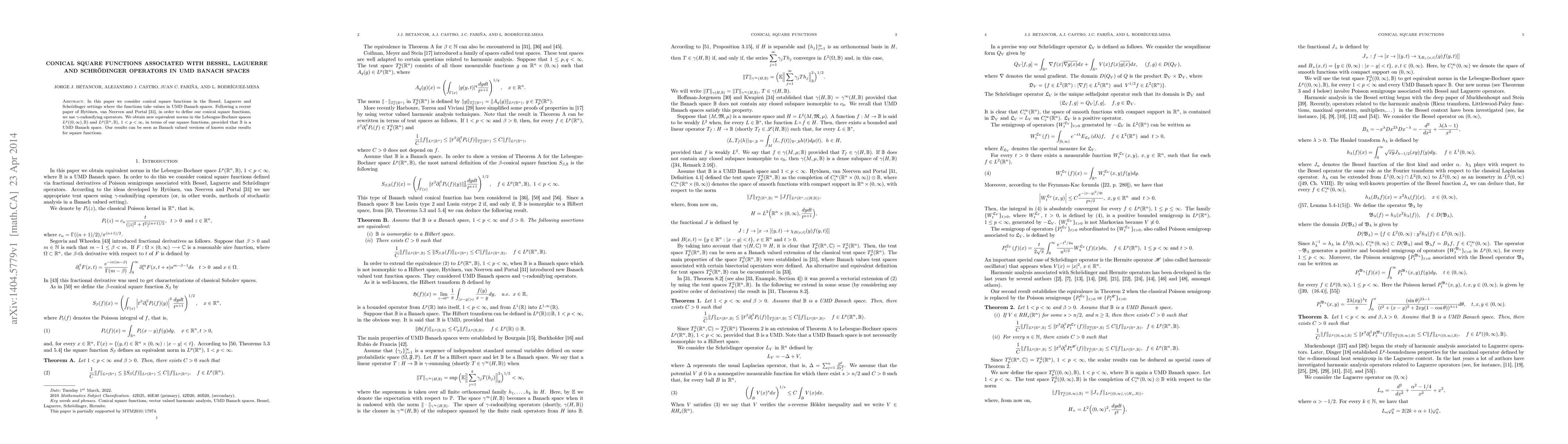 Thumbnail for Conical square functions associated with Bessel, Laguerre and
  Schr\"odinger operators in UMD Banach spaces