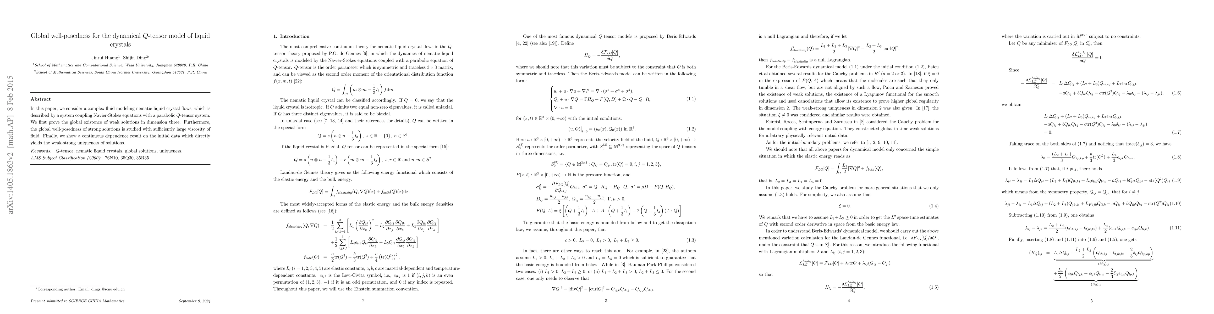Thumbnail for Global well-posedness for the dynamical Q-tensor model of liquid
  crystals