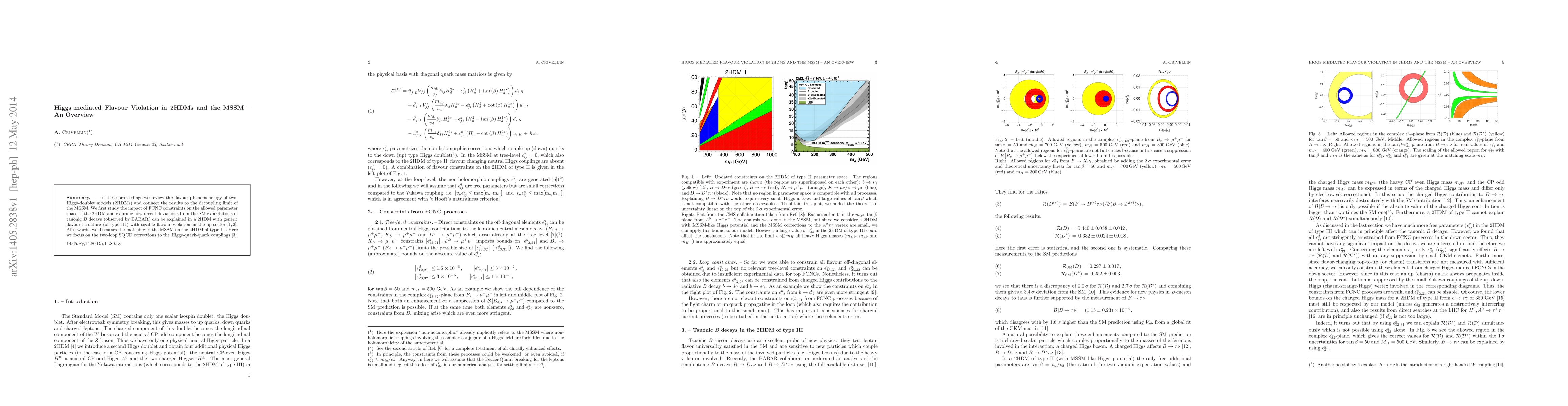 Thumbnail for Higgs mediated Flavour Violation in 2HDMs and the MSSM -- An Overview