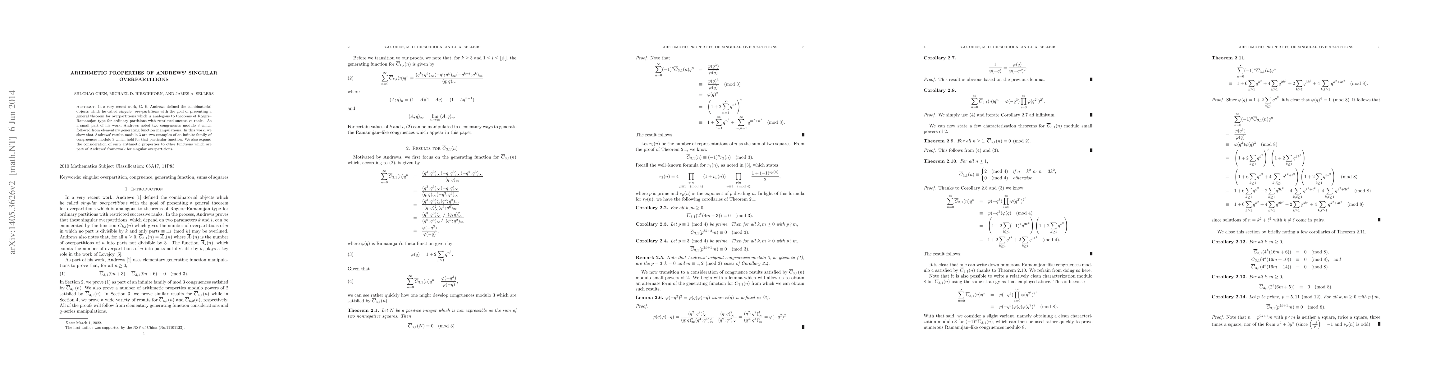 Thumbnail for Arithmetic Properties of Andrews' Singular Overpartitions