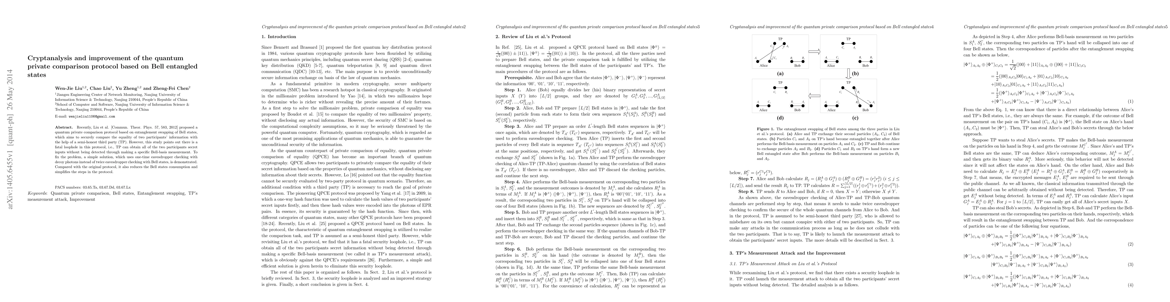 Thumbnail for Cryptanalysis and improvement of the quantum private comparison protocol
  based on Bell entangled states