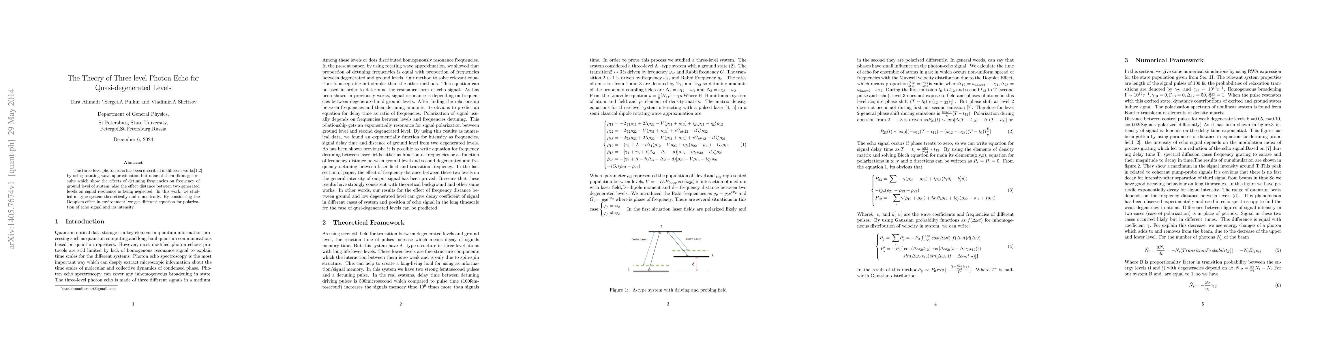 Thumbnail for The Theory of Three-level Photon Echo Using of Rotating Wave
  Approximation