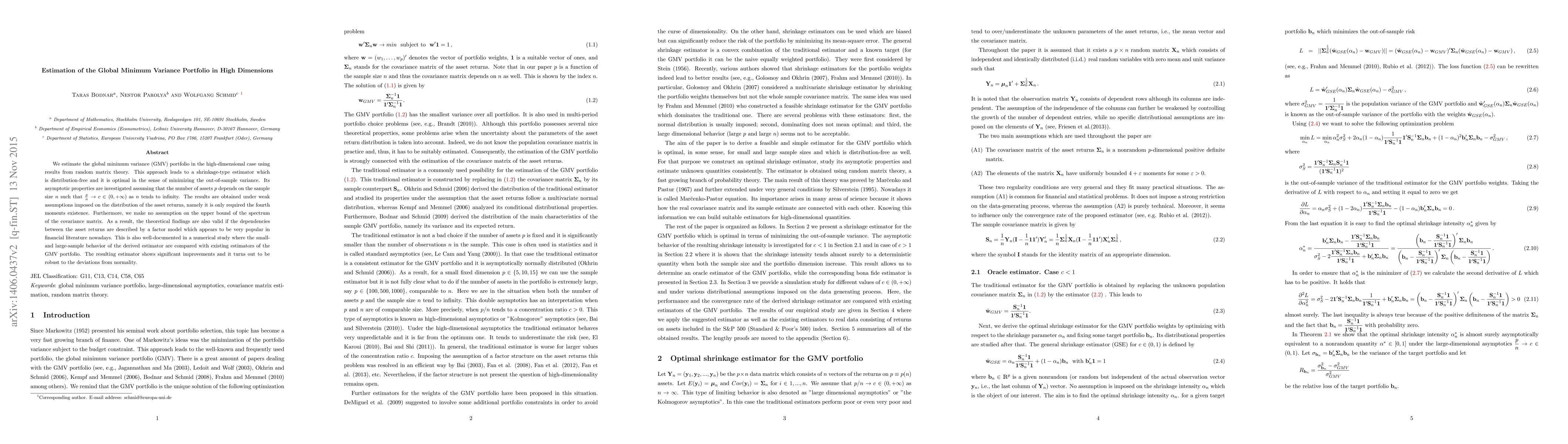 Thumbnail for Estimation of the Global Minimum Variance Portfolio in High Dimensions