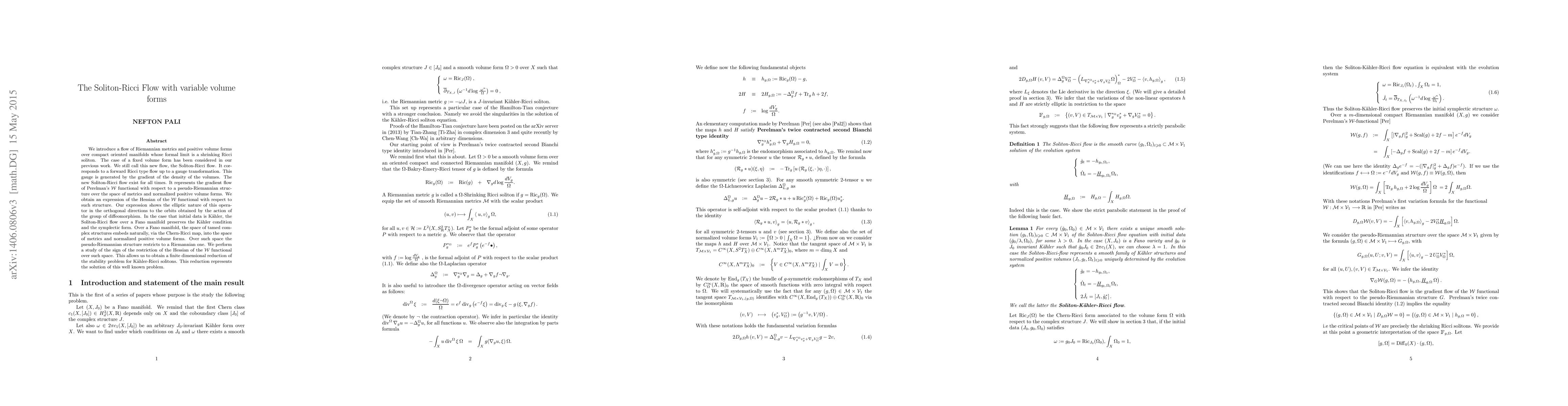 Thumbnail for The Soliton-Ricci Flow with variable volume forms