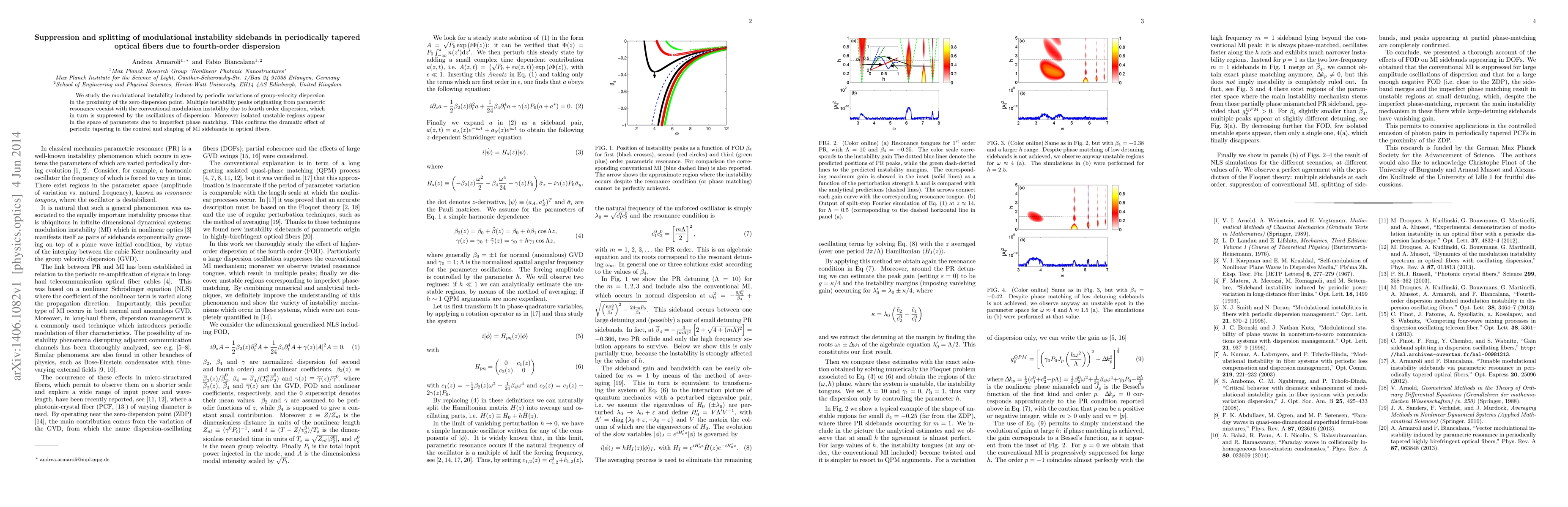 Thumbnail for Suppression and splitting of modulational instability sidebands in
  periodically tapered optical fibers due to fourth-order dispersion