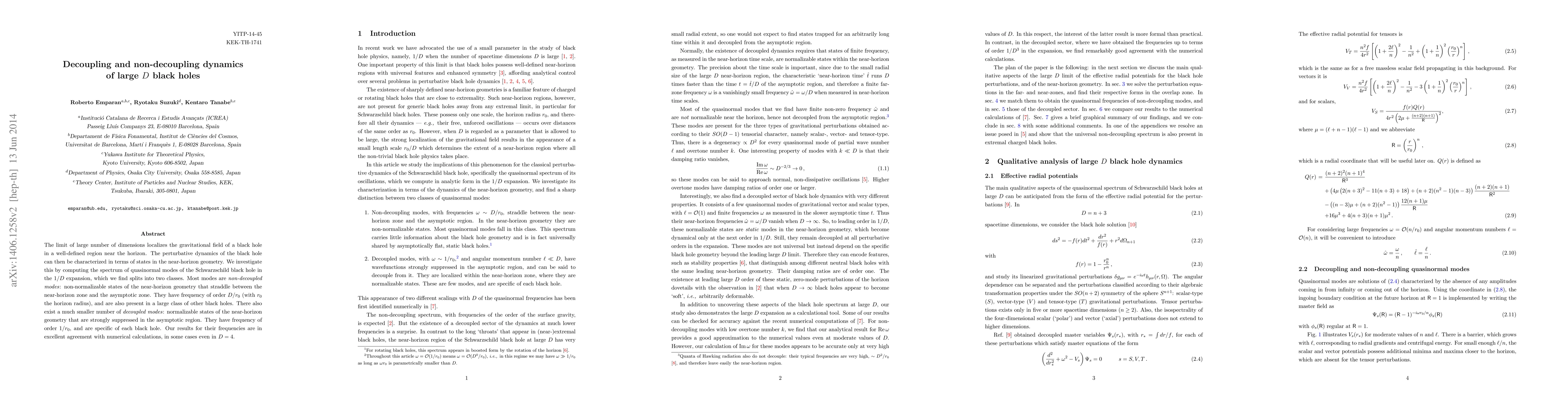 Thumbnail for Decoupling and non-decoupling dynamics of large D black holes