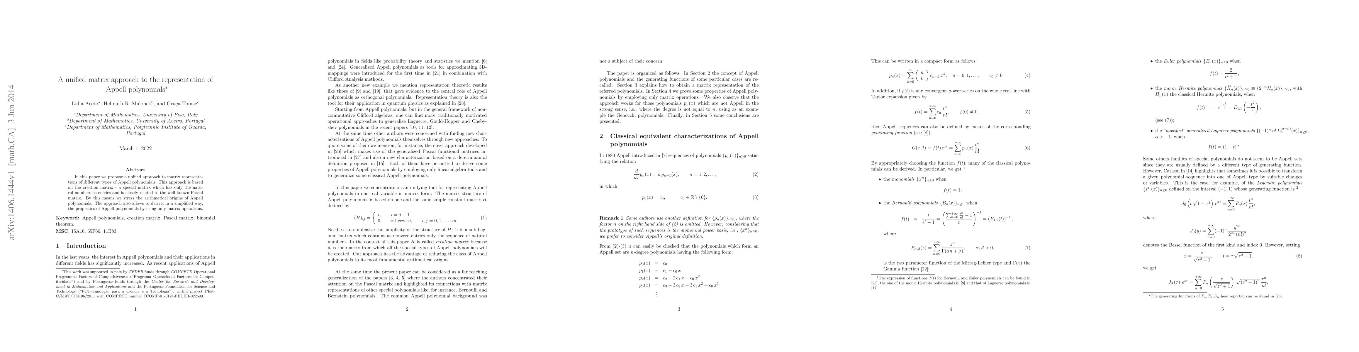 Thumbnail for A unified matrix approach to the representation of Appell polynomials