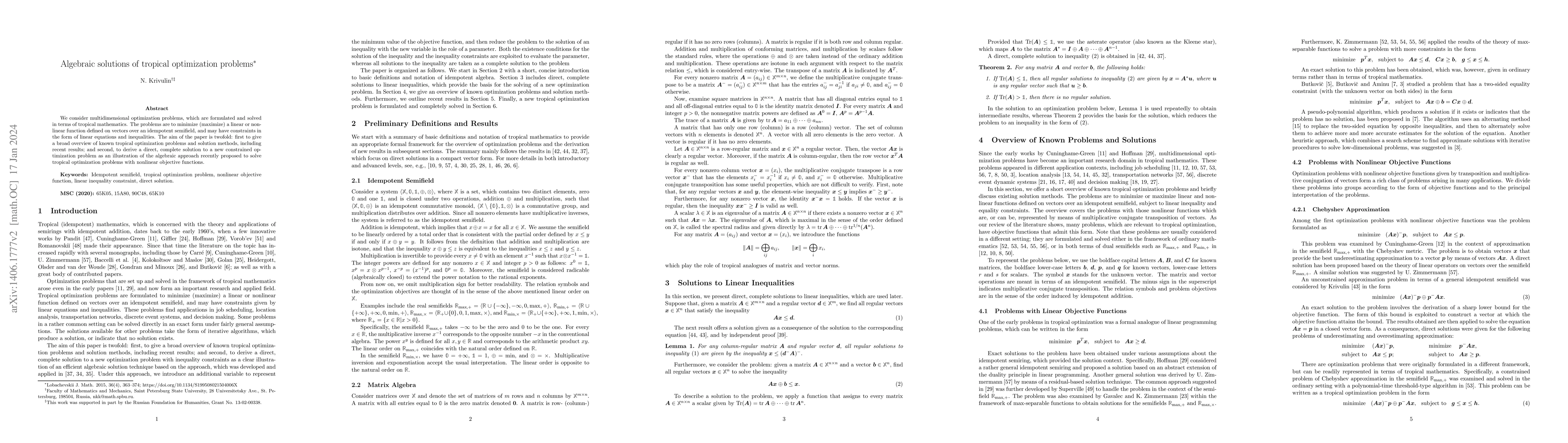 Thumbnail for Algebraic solutions of tropical optimization problems