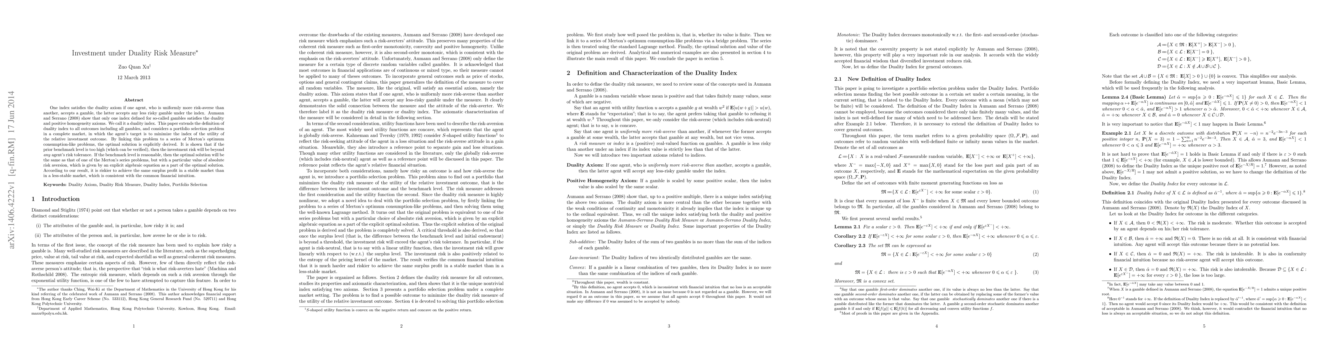 Thumbnail for Investment under Duality Risk Measure