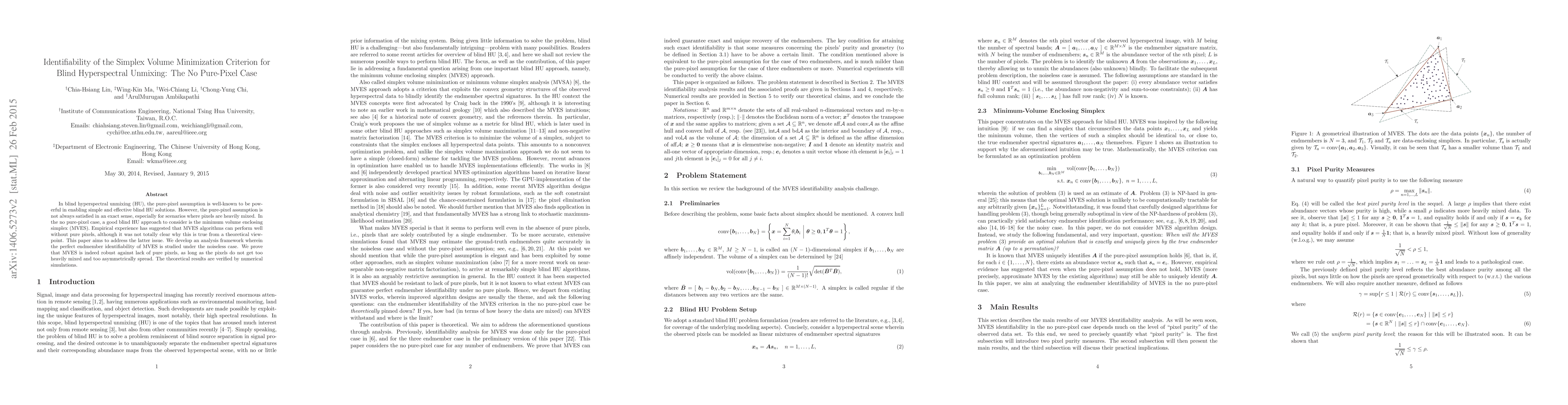 Thumbnail for Identifiability of the Simplex Volume Minimization Criterion for Blind
  Hyperspectral Unmixing: The No Pure-Pixel Case