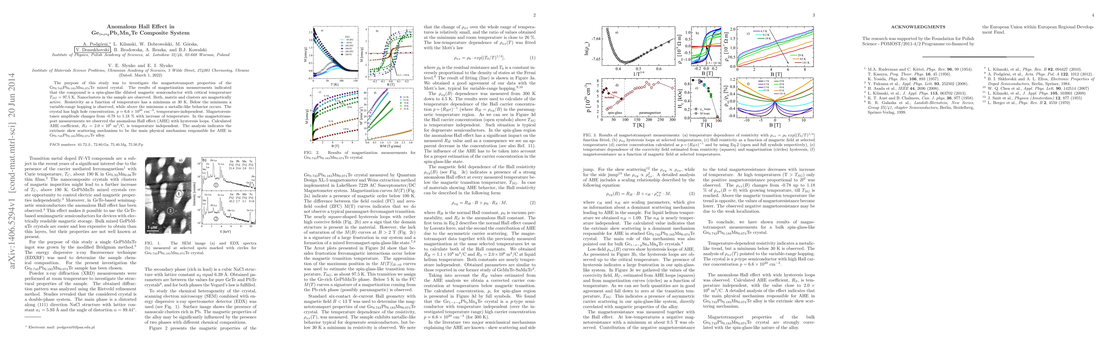 Thumbnail for Anomalous Hall Effect in Ge(1-x-y)Pb(x)Mn(y)Te Composite System