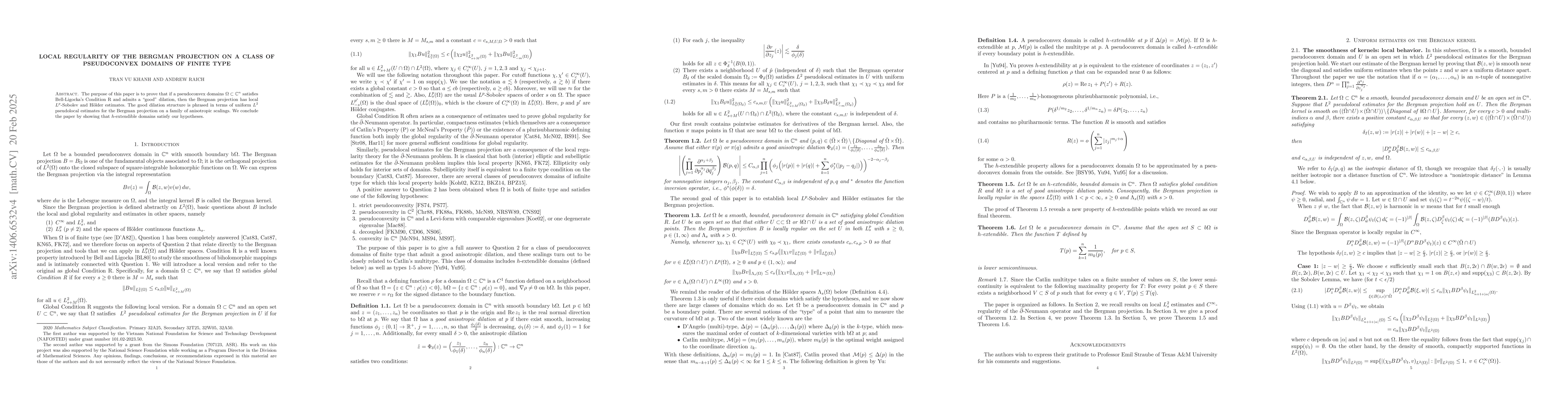 Thumbnail for Local regularity of the Bergman projection on a class of pseudoconvex
  domains of finite type