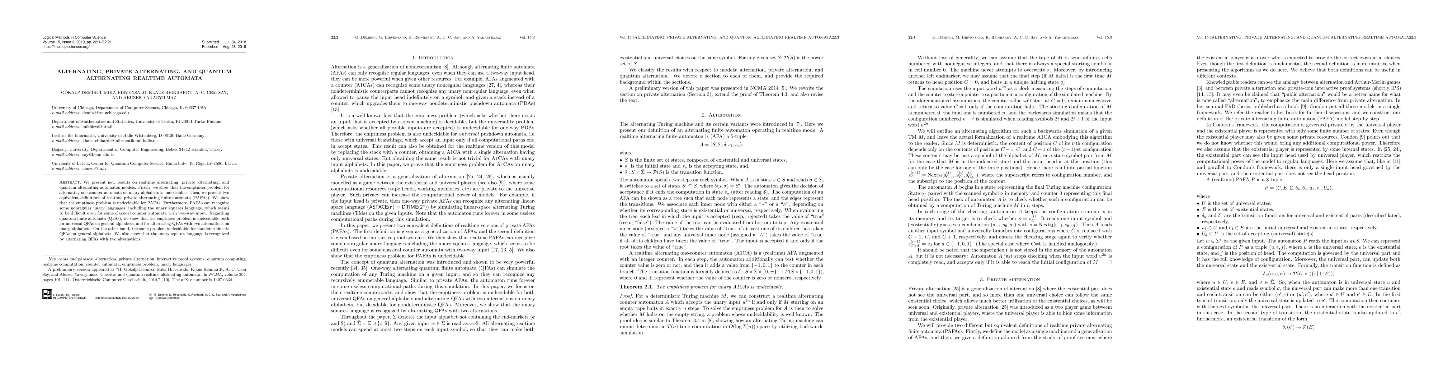Thumbnail for Alternating, private alternating, and quantum alternating realtime
  automata