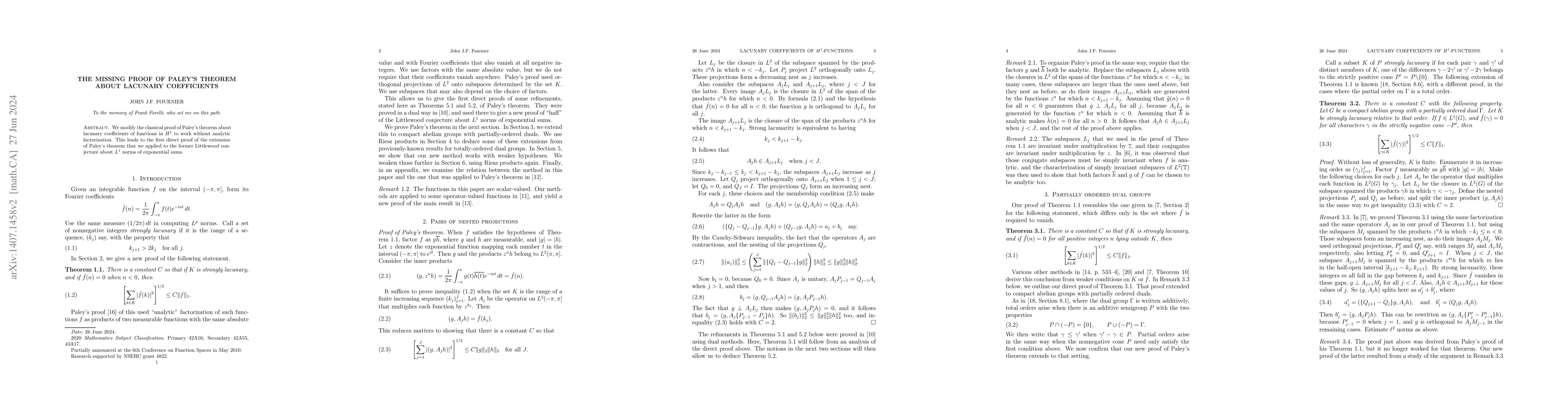 Thumbnail for The missing proof of Paley's theorem about lacunary coefficients
