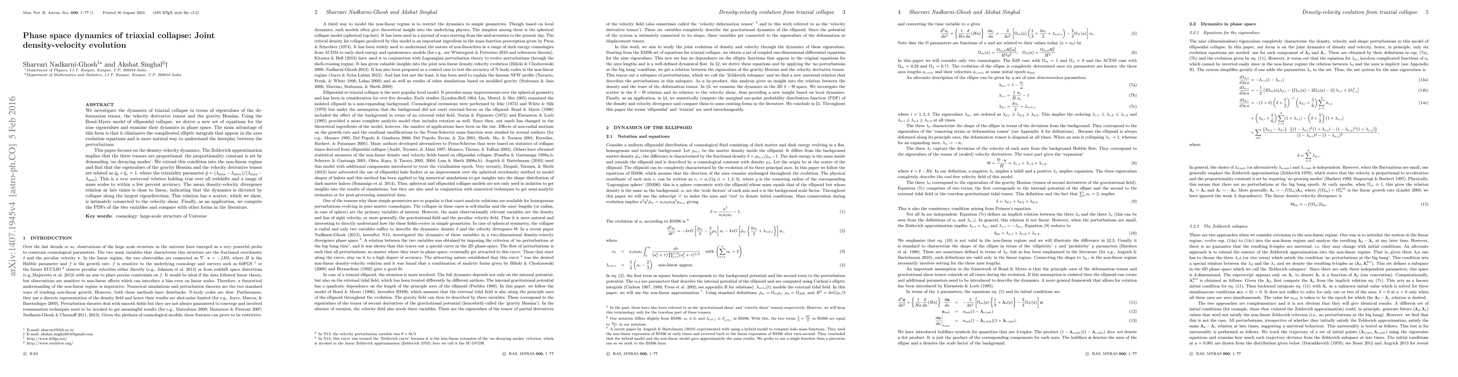 Thumbnail for Phase Space dynamics of triaxial collapse: Joint density-velocity
  evolution