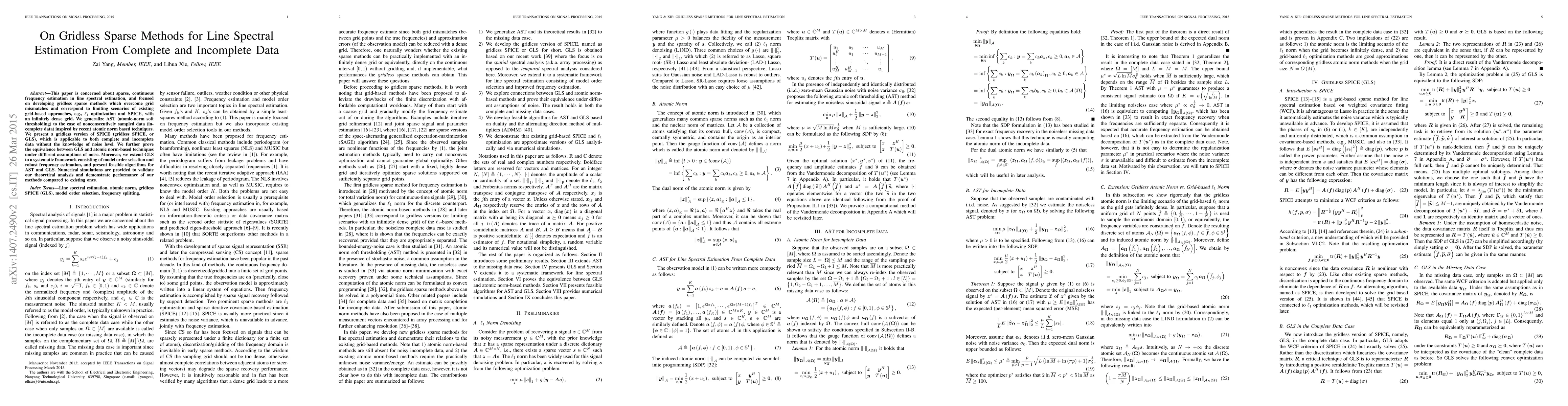Thumbnail for On Gridless Sparse Methods for Line Spectral Estimation From Complete
  and Incomplete Data