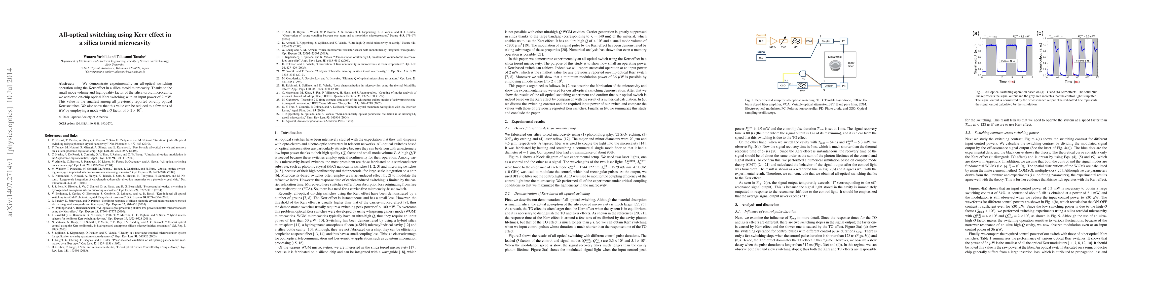 Thumbnail for All-optical switching using Kerr effect in a silica toroid microcavity