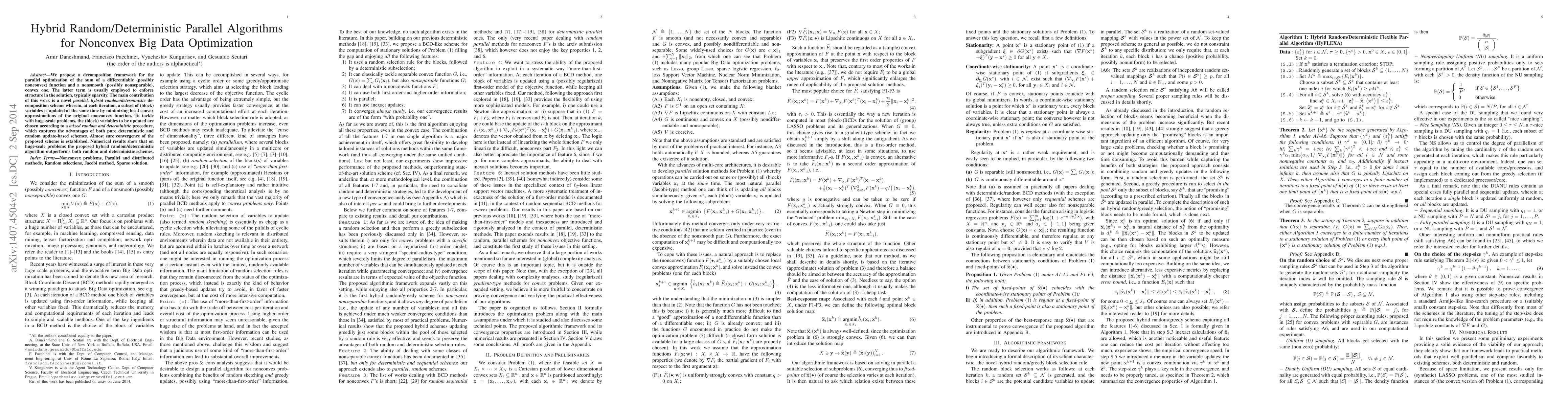 Thumbnail for Hybrid Random/Deterministic Parallel Algorithms for Nonconvex Big Data
  Optimization