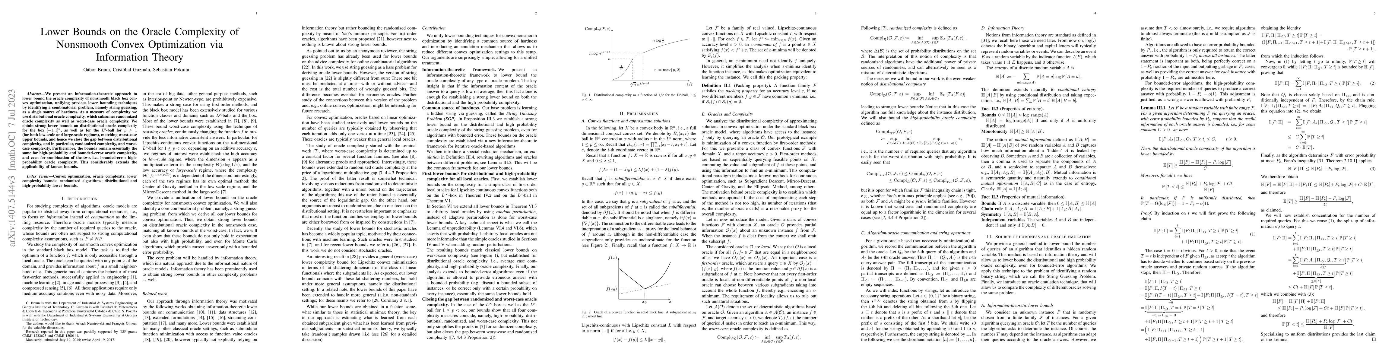 Thumbnail for Lower Bounds on the Oracle Complexity of Nonsmooth Convex Optimization
  via Information Theory