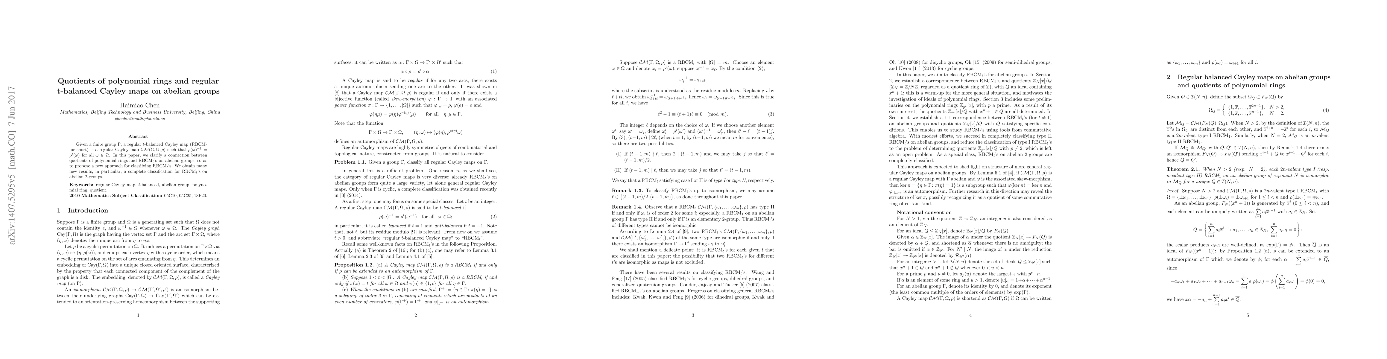 Thumbnail for Quotients of polynomial rings and regular t-balanced Cayley maps on
  abelian groups