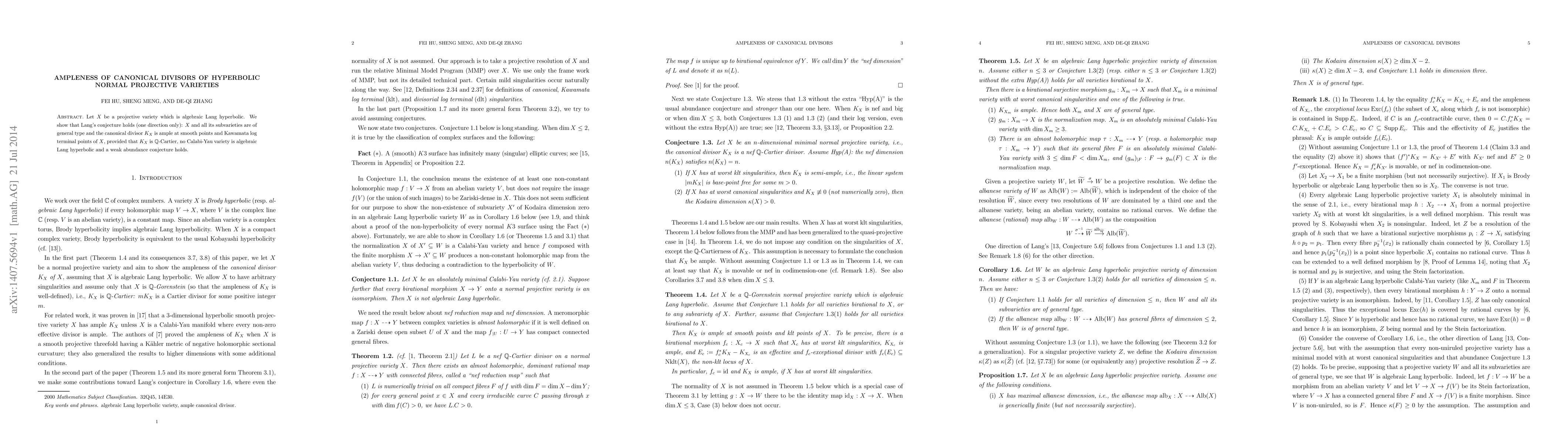 Thumbnail for Ampleness of canonical divisors of hyperbolic normal projective
  varieties