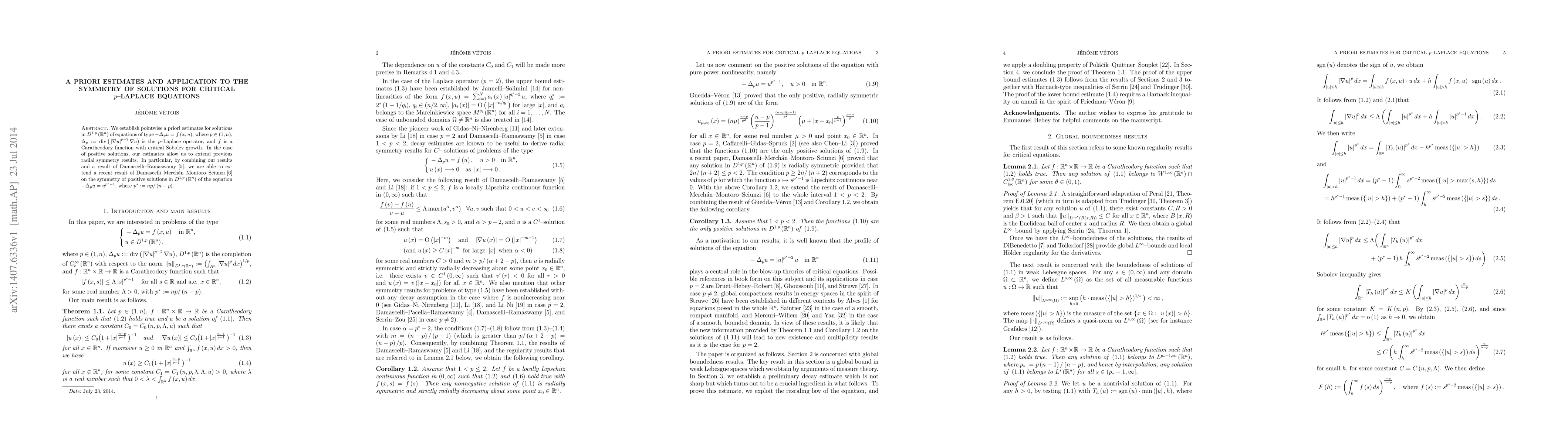 Thumbnail for A priori estimates and application to the symmetry of solutions for
  critical $p$-Laplace equations