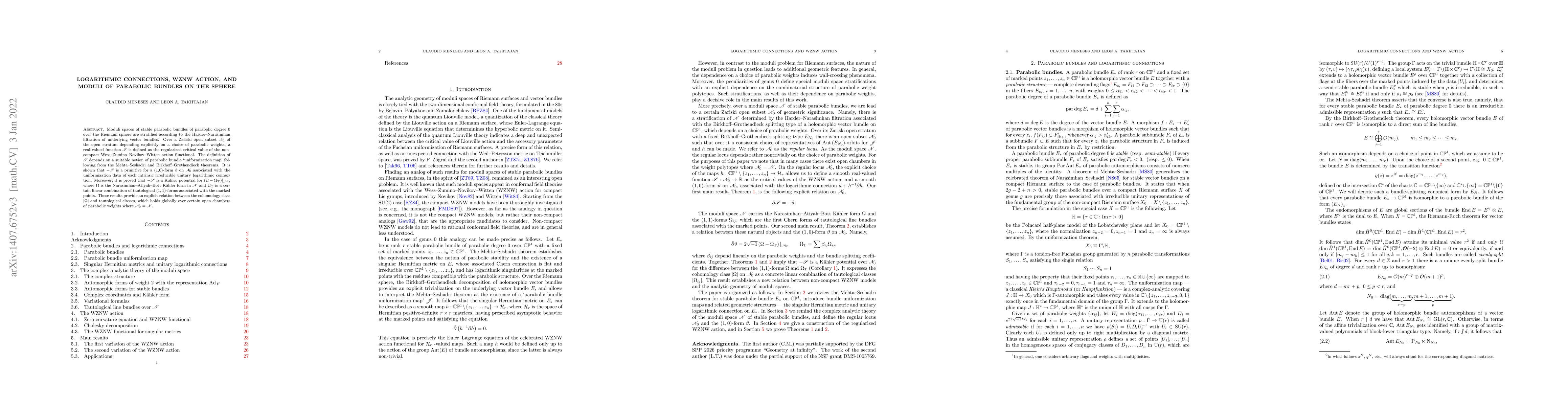 Thumbnail for Logarithmic connections, WZNW action, and moduli of parabolic bundles on
  the sphere