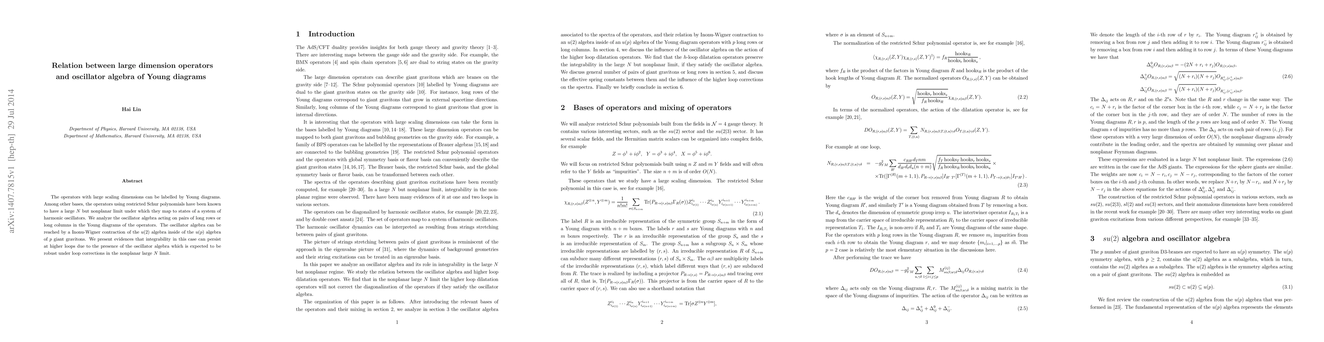 Thumbnail for Relation between large dimension operators and oscillator algebra of
  Young diagrams