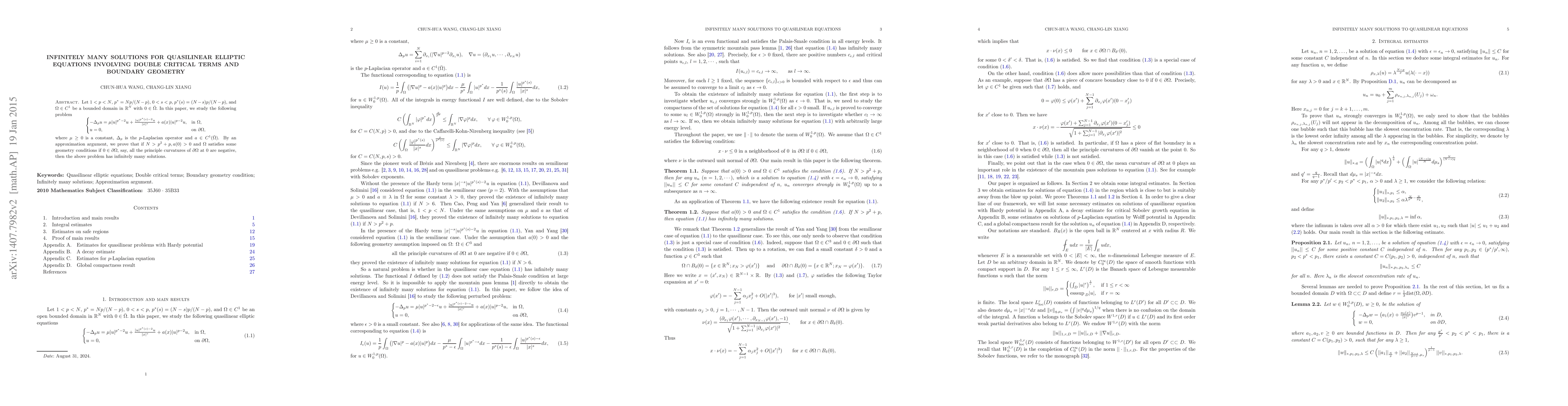 Thumbnail for Infinitely many solutions for p-Laplacian equation involving double
  critical terms and boundary geometry