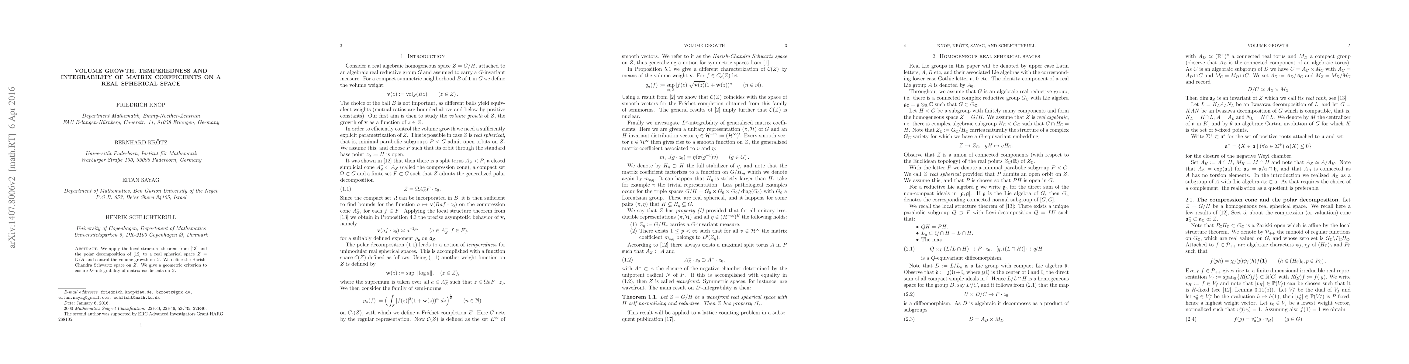 Thumbnail for Volume growth, temperedness and integrability of matrix coefficients on
  a real spherical space
