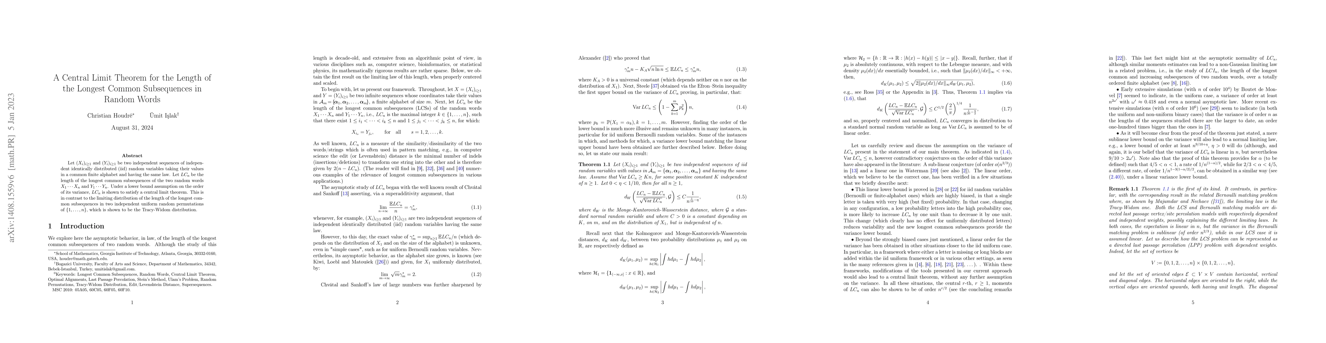 Thumbnail for A Central Limit Theorem for the Length of the Longest Common
  Subsequences in Random Words