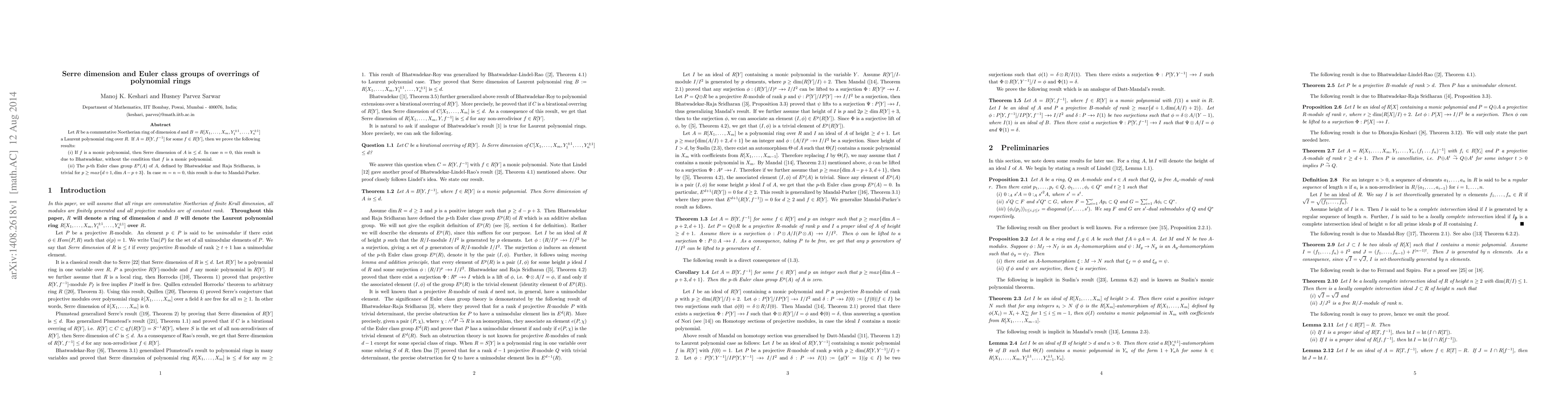 Thumbnail for Serre dimension and Euler class group of overrings of polynomial rings