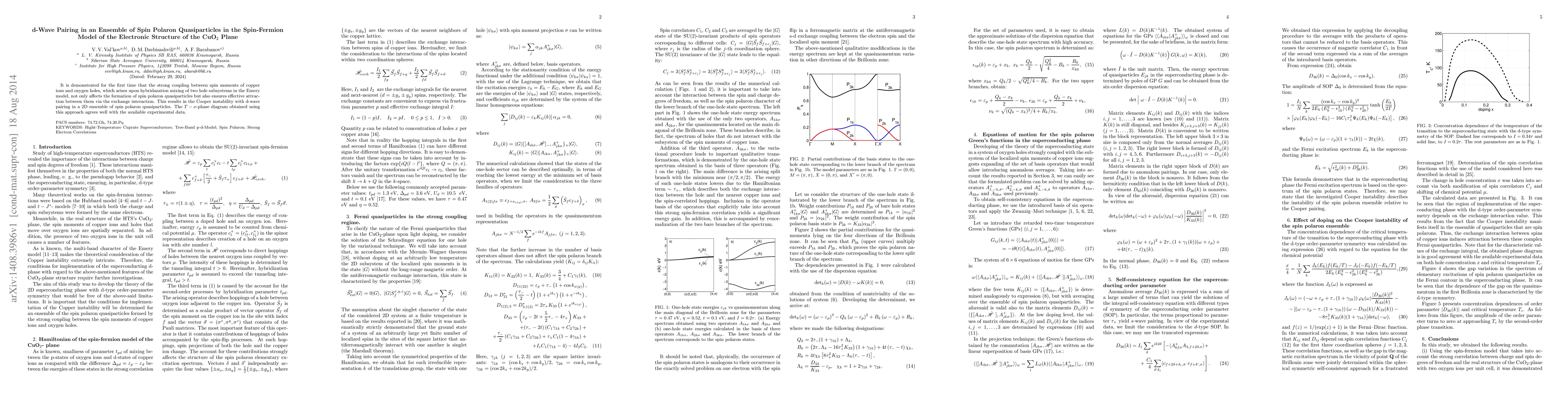 Thumbnail for d-Wave Pairing in an Ensemble of Spin Polaron Quasiparticles in the
  Spin-Fermion Model of the Electronic Structure of the CuO2 Plane