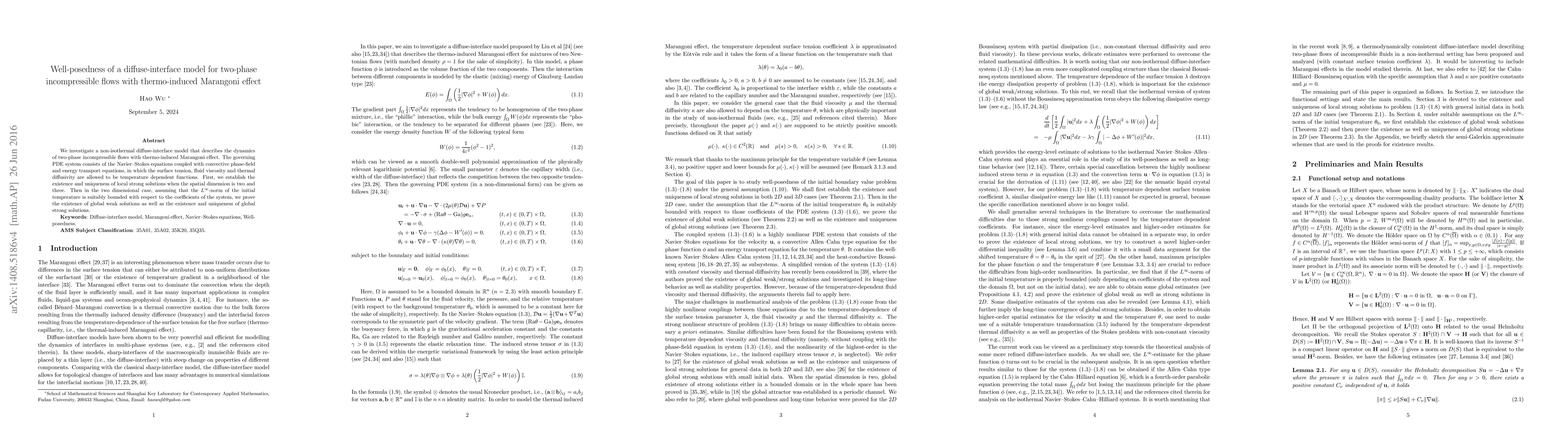 Thumbnail for Well-posedness of a diffuse-interface model for two-phase incompressible
  flows with thermo-induced Marangoni effect